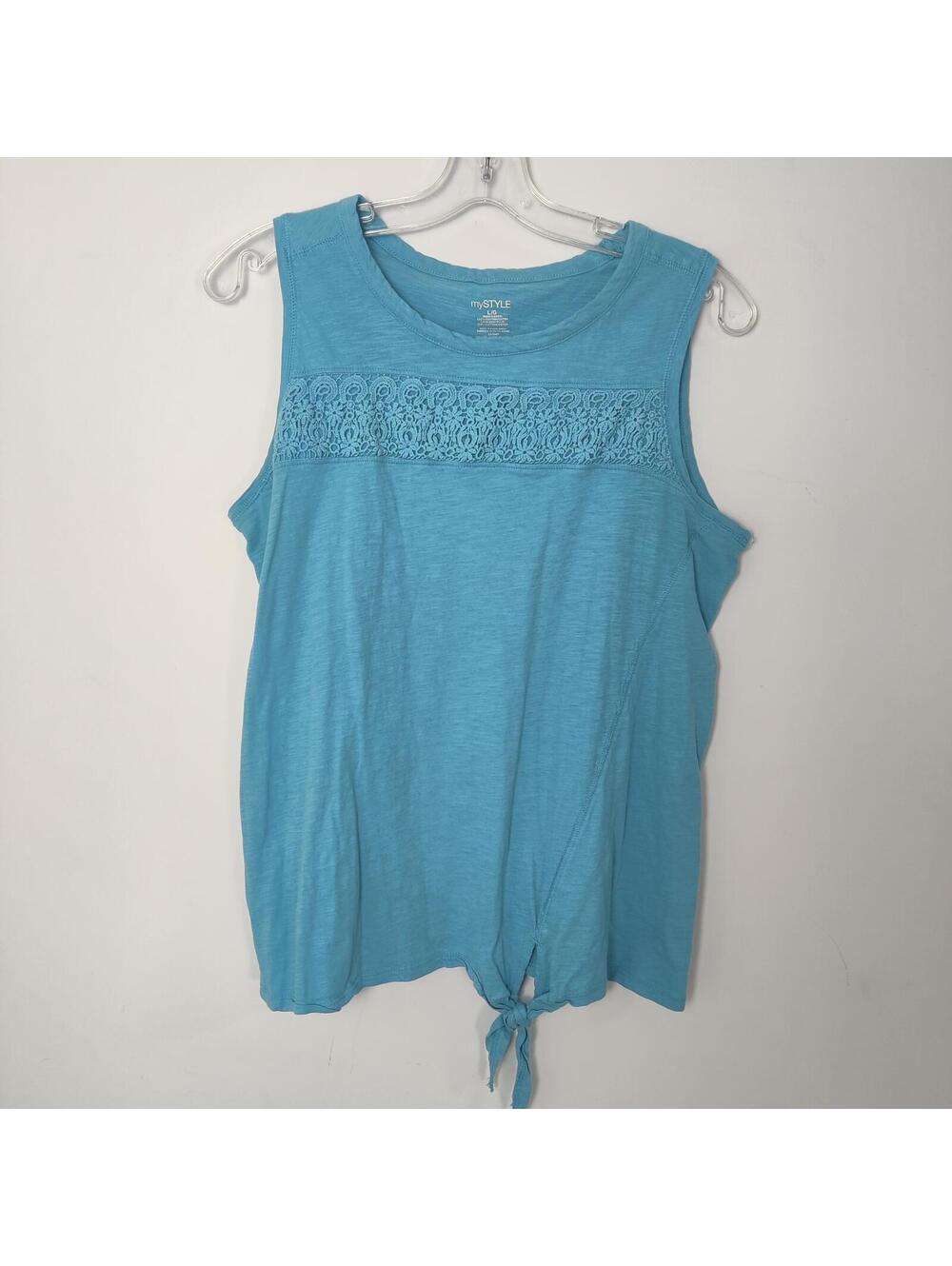 mySTYLE Turquoise Sleeveless Lace Front Tie Hem Top Large Summer Bohemian
